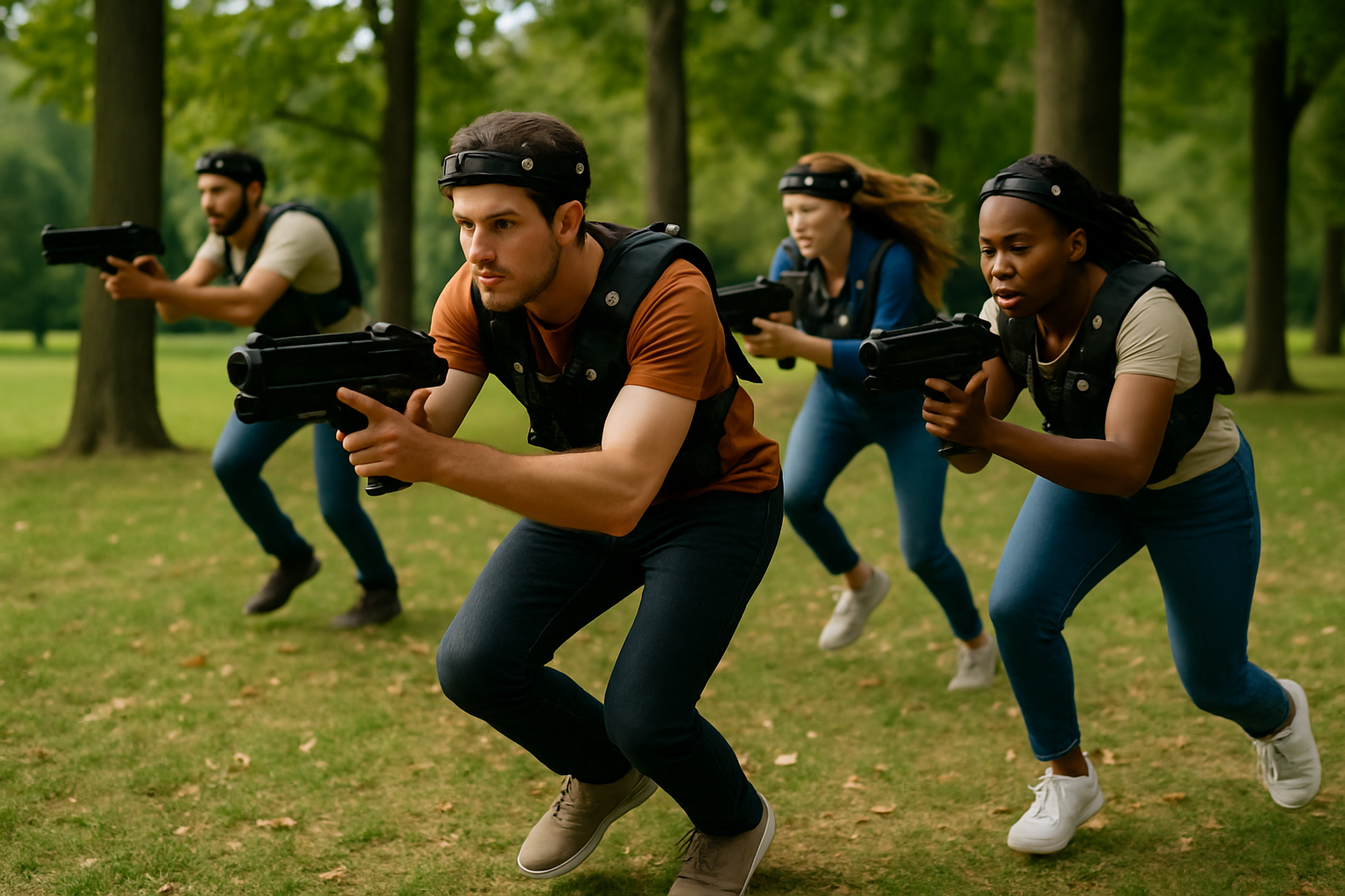 Joueurs équipés et en pleine partie de laser game en extérieur dans un environnement naturel