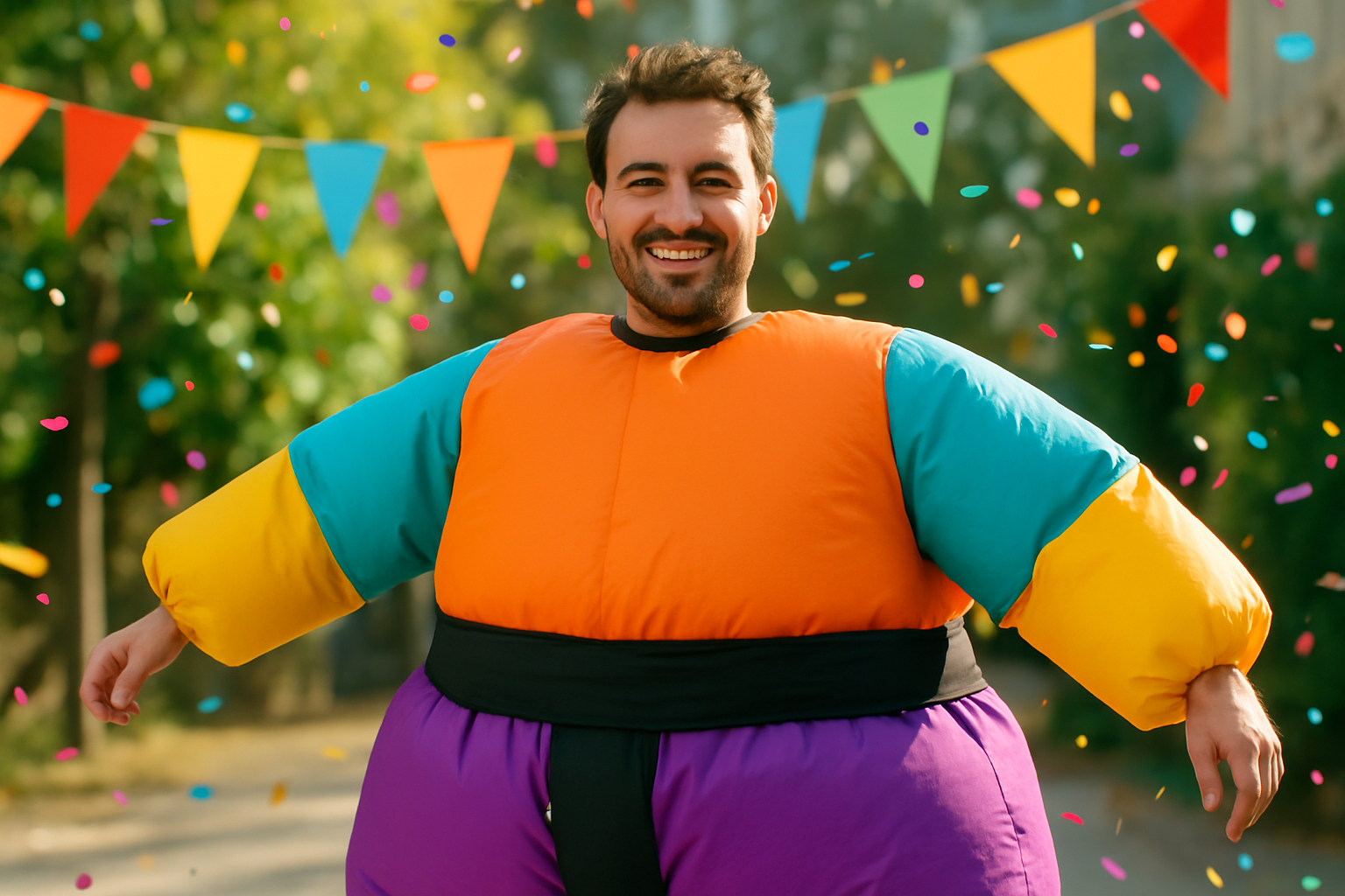 Exemple de costume sumo fini, porté lors d’une fête costumée, mettant en valeur le volume et les détails du déguisement.