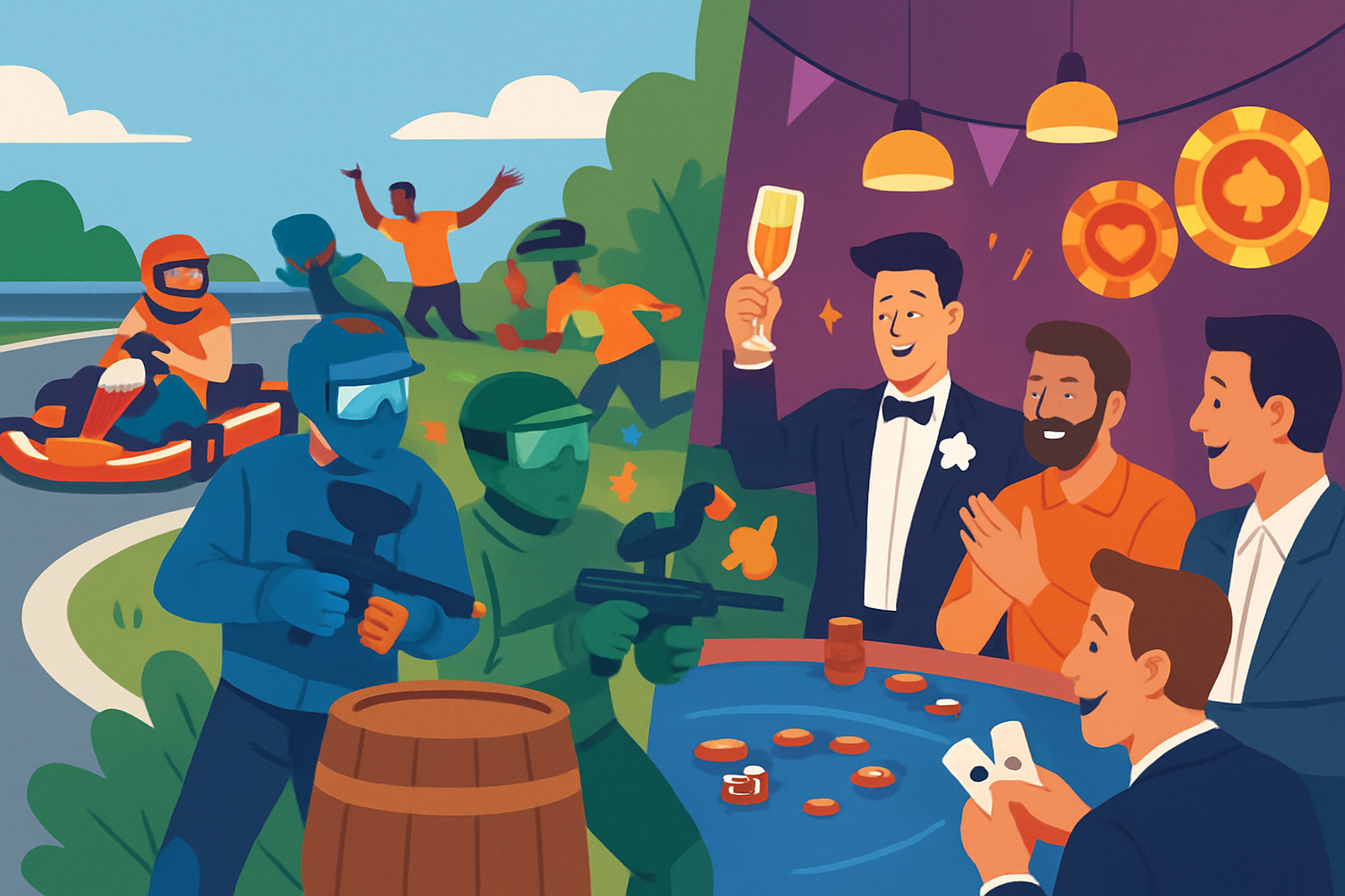 Illustration montrant un enterrement de vie de garçon avec plusieurs activités : karting, paintball et soirée casino