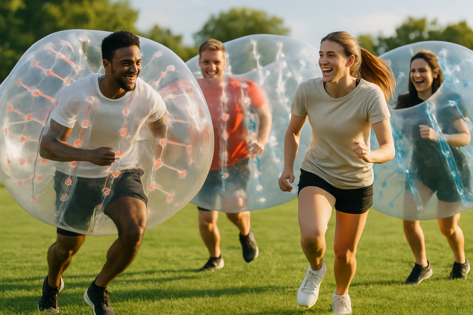 Participants s’amusant lors d’une partie de bubble foot en plein air, illustrant l’aspect convivial et fun du sport.