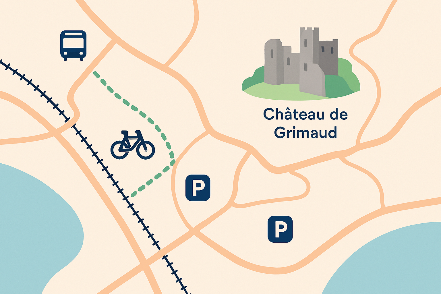 Carte des accès au château de Grimaud et options de transport dans la région.