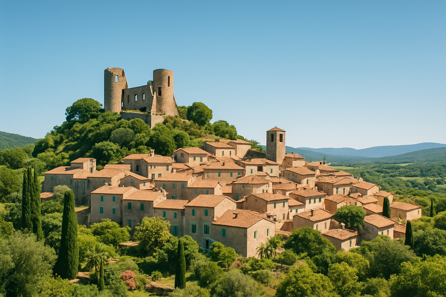 Vue panoramique du château de Grimaud surplombant le village médiéval et la campagne provençale.