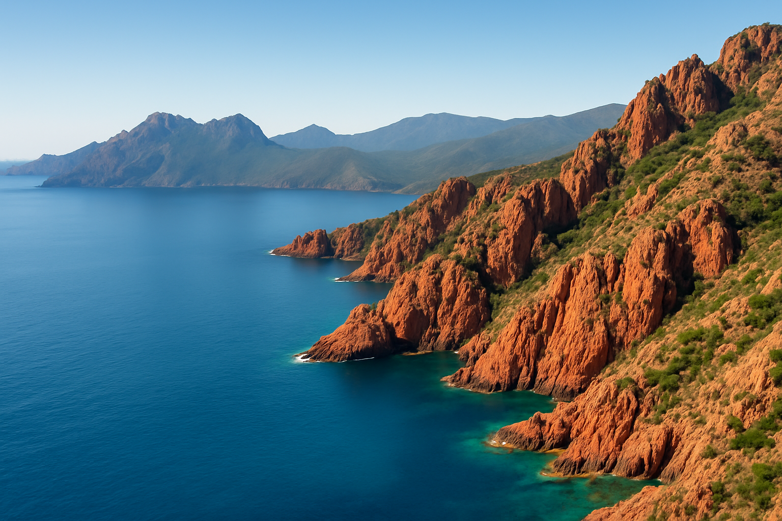 Panorama aérien spectaculaire des Calanques de Piana mettant en valeur la beauté contrastée entre les roches rouges et la Méditerranée