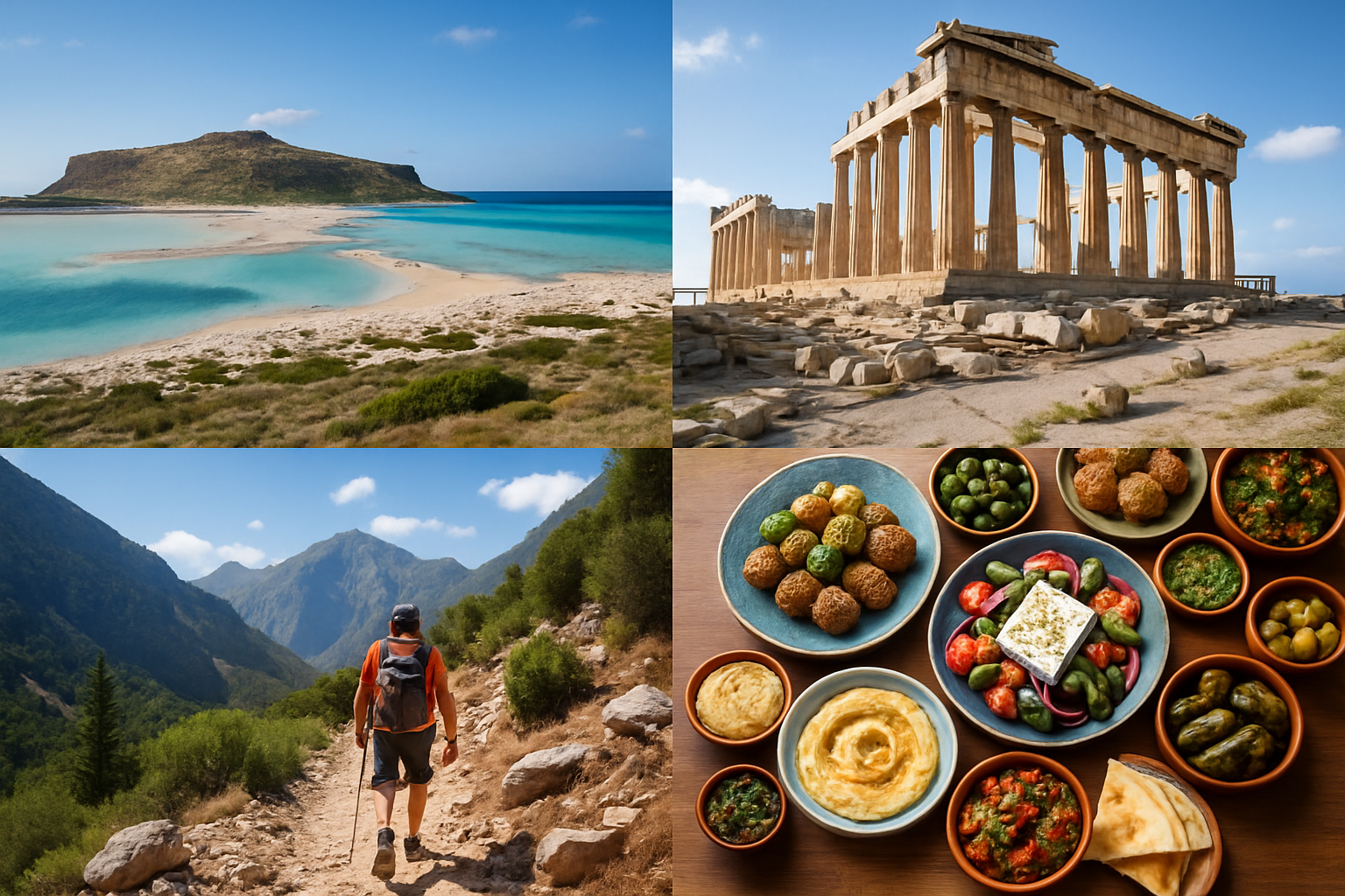 Vue combinée des activités variées entre Grèce continentale et Crète : sites antiques, nature et plages.
