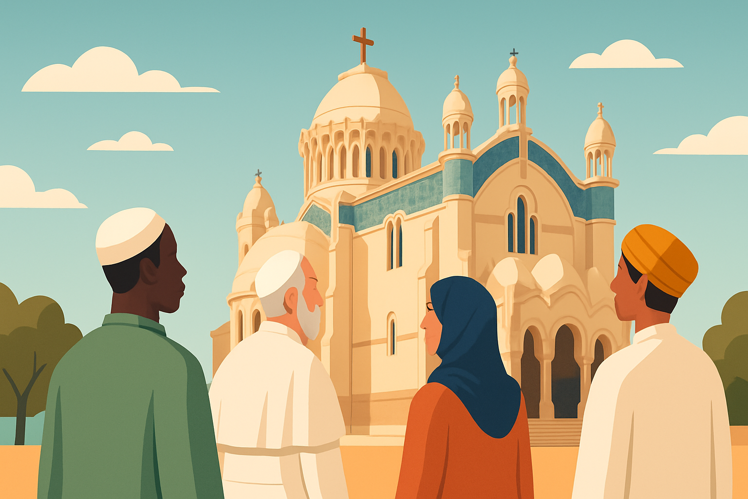 Des pèlerins multiconfessionnels réunis devant la basilique Notre-Dame d