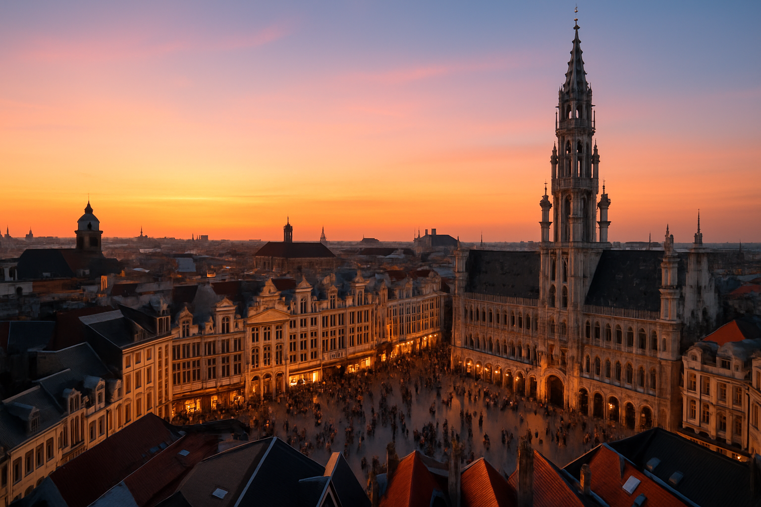 La Grand-Place, cœur historique et vibrant de Bruxelles, au coucher du soleil