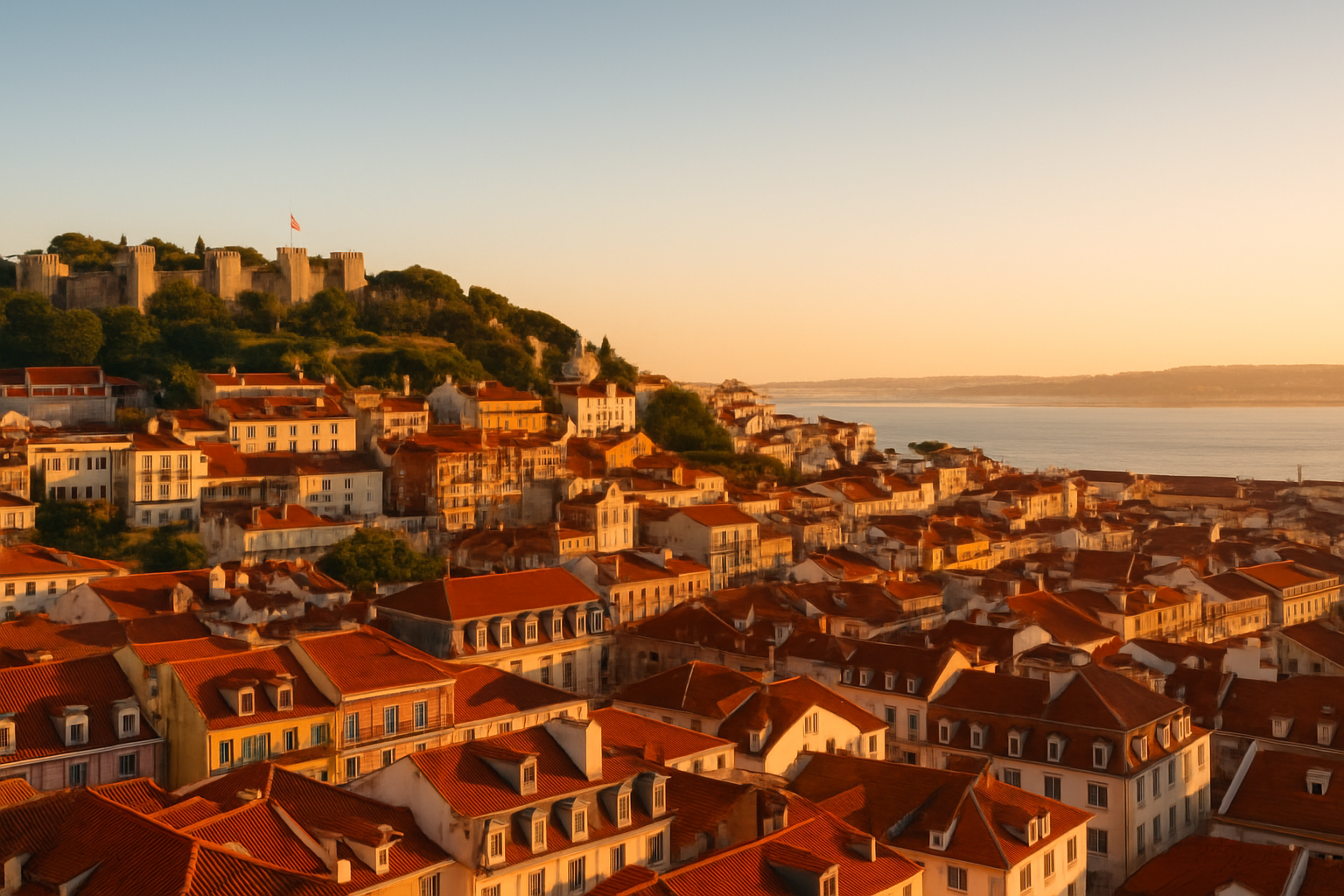 Vue panoramique de Lisbonne avec le Château Saint-Georges et le fleuve Tage au coucher du soleil