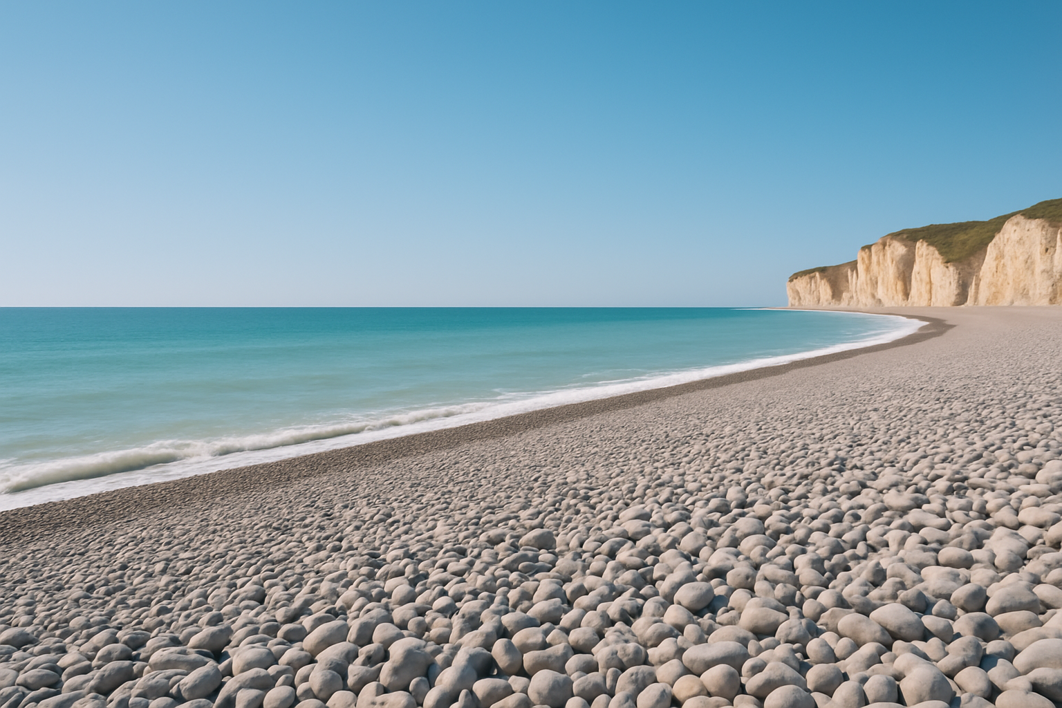 Plage de galets de Veules-les-Roses avec vue sur la Manche