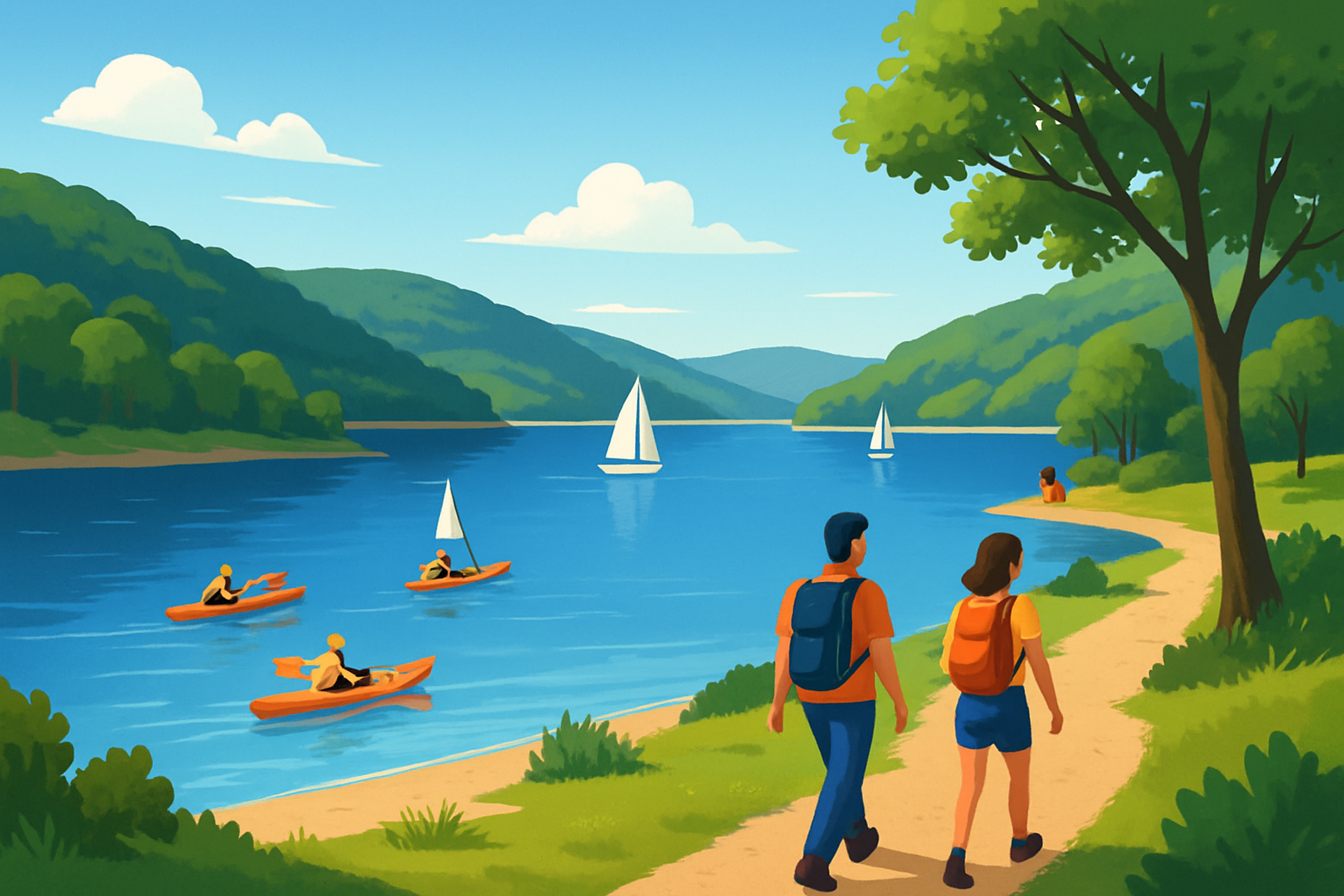Panorama du lac de Pannecière montrant les activités nautiques et les sentiers de randonnée alentours