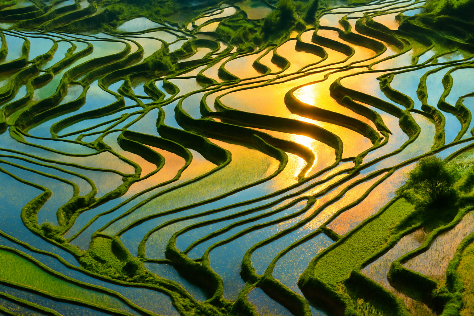 Vue aérienne colorée des rizières en terrasses de Yuanyang, mettant en valeur la réflexion de la lumière et les chemins d’eau.