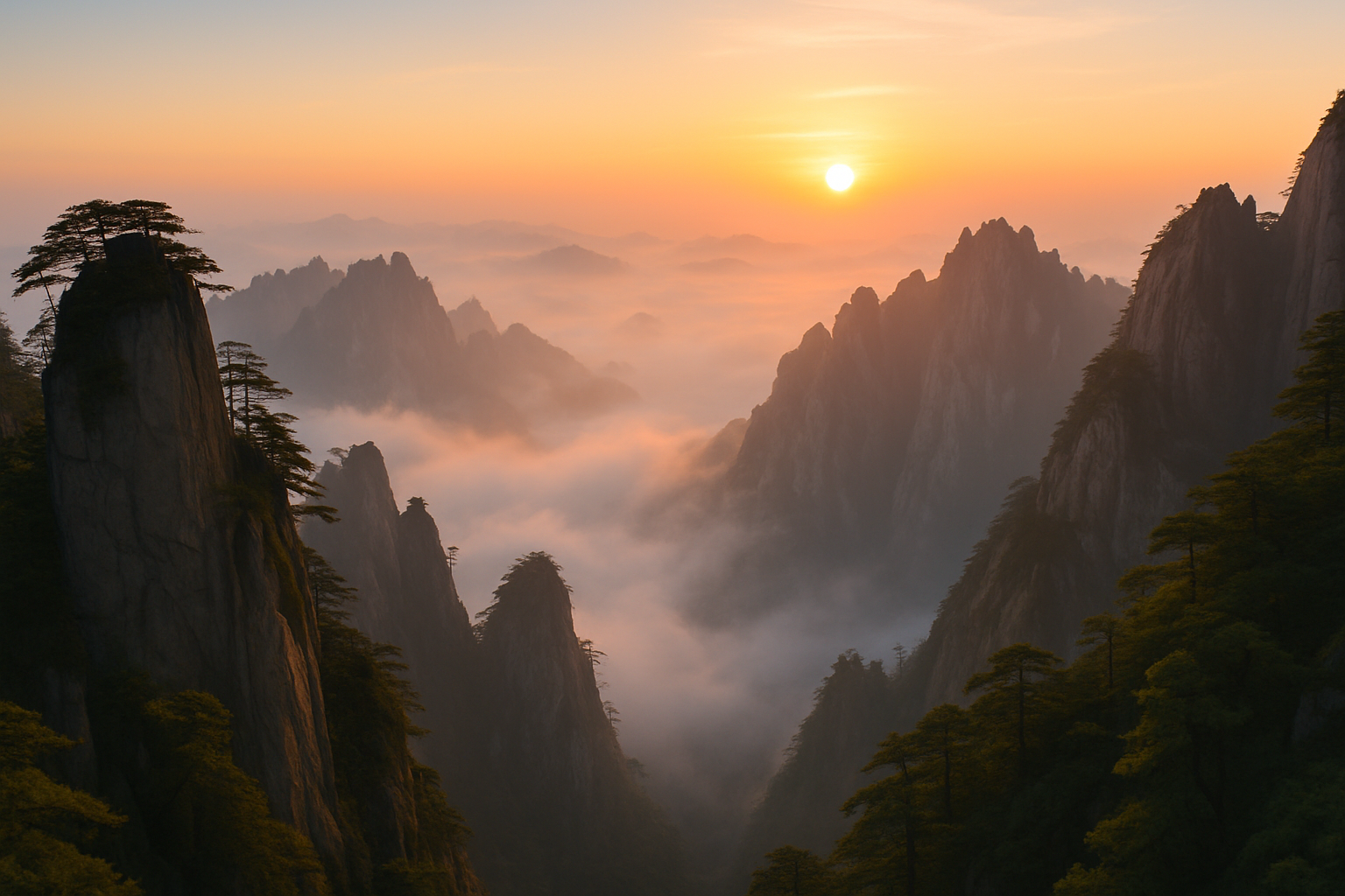 Vue spectaculaire des Monts Huangshan au lever du soleil, montrant les pics de granit, les pins tordus et une mer brumeuse.