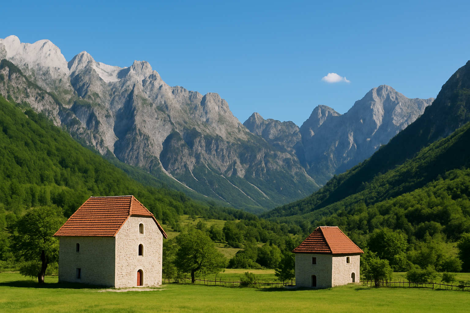 Vue panoramique des Alpes albanaises avec des maisons en pierre traditionnelles au cœur d