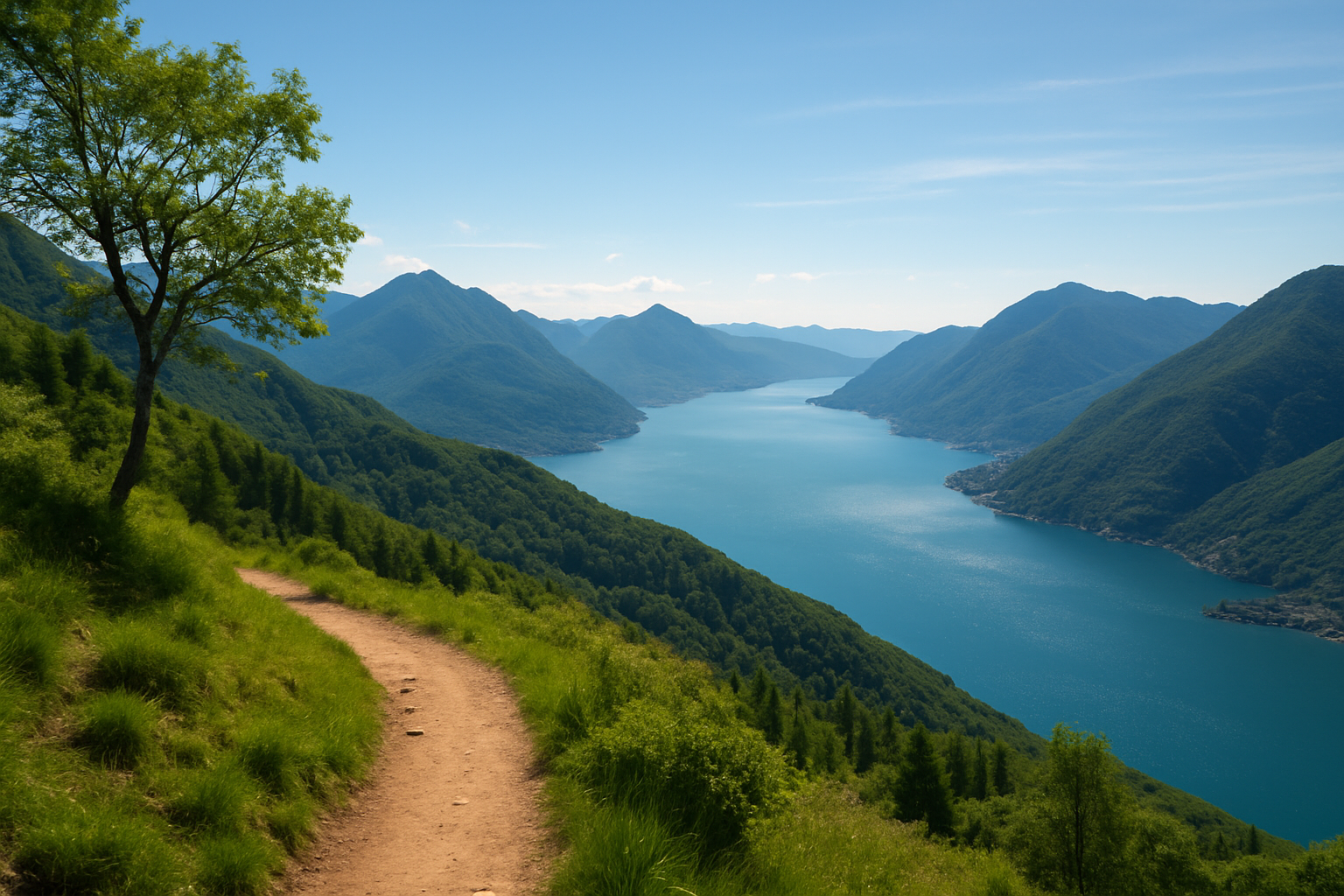 Photo panoramique illustrant une vue emblématique lors d’une randonnée au-dessus du lac.