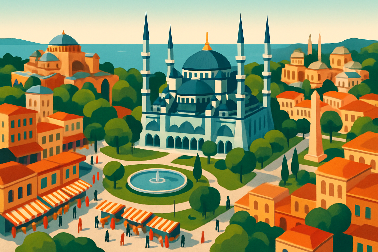 Panorama du quartier Sultanahmet, mêlant la mosquée bleue et ses environs historiques pittoresques.