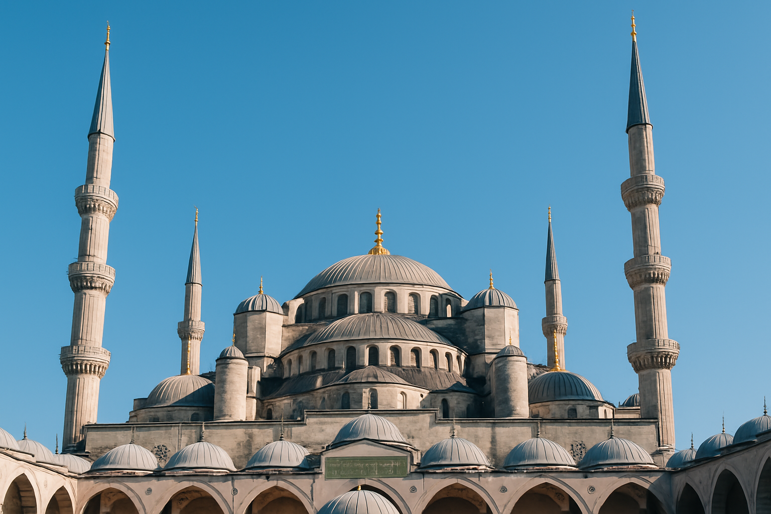 Vue extérieure de la mosquée bleue, illustrant sa coupole majestueuse et ses six minarets emblématiques.