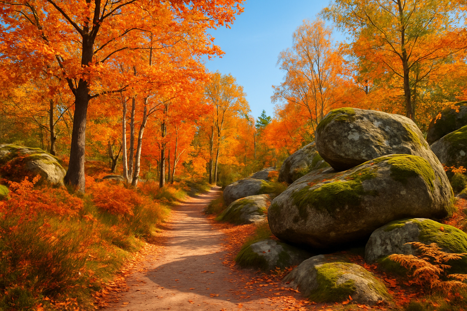 Vue d’une portion du sentier facile en forêt de Fontainebleau, entourée de rochers emblématiques et de chênes en automne.