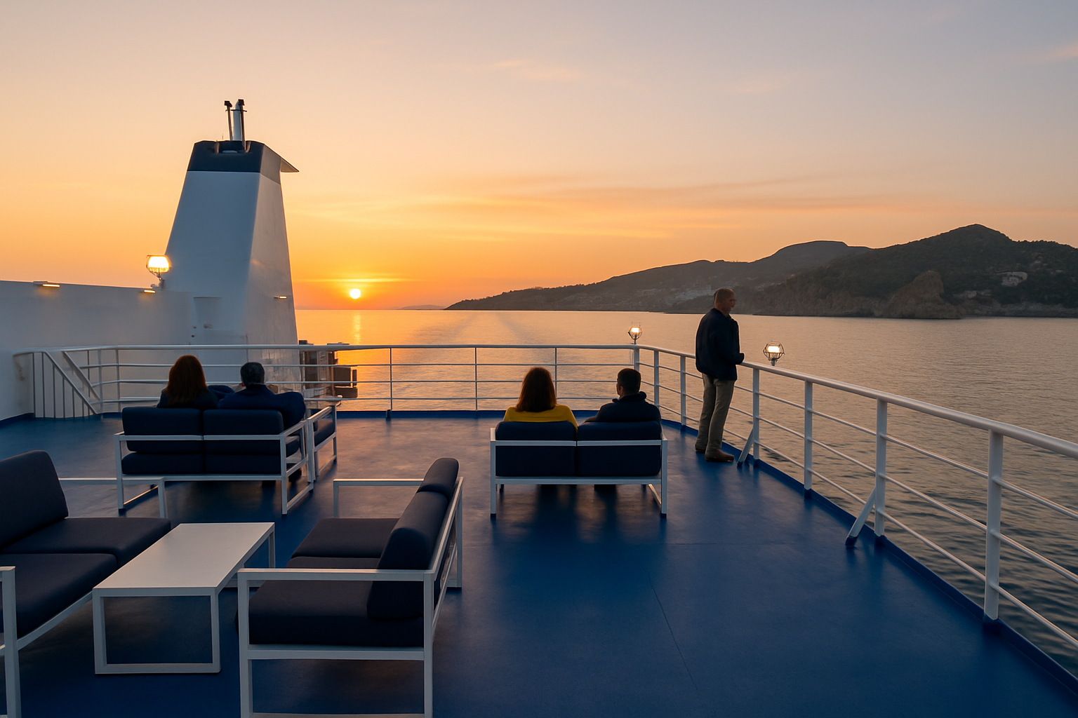 Passagers profitant du coucher de soleil sur le pont d