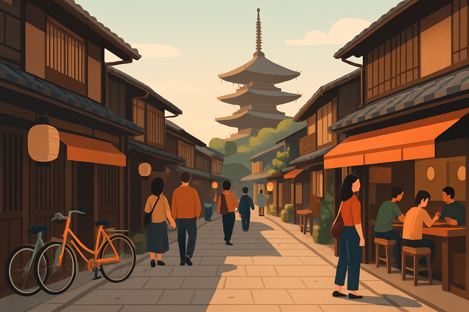 Rue typique de Kyoto, offrant un aperçu de la vie locale et des options de transport.