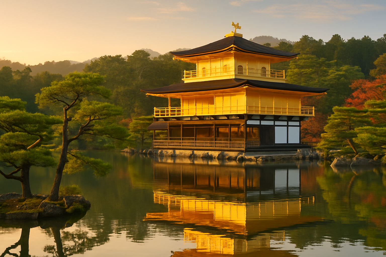 Le Pavillon d’Or se reflétant dans l’eau paisible du jardin, symbole de beauté et d