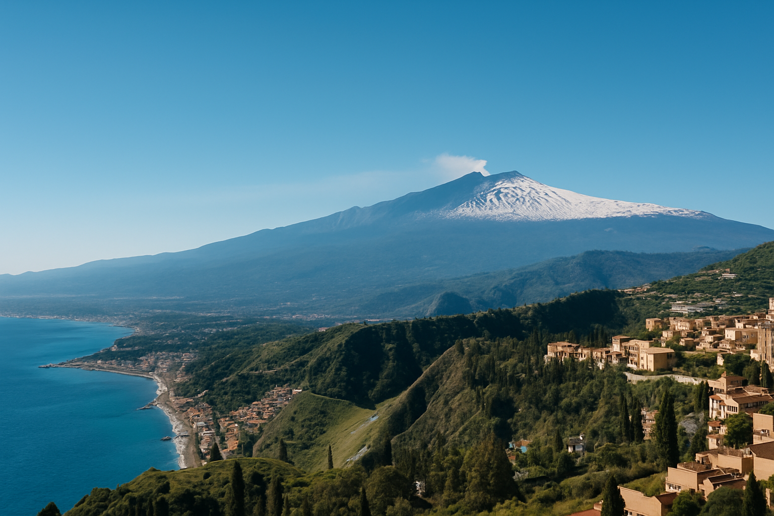 Vue panoramique sur le mont Etna et les paysages environnants autour de Taormine.
