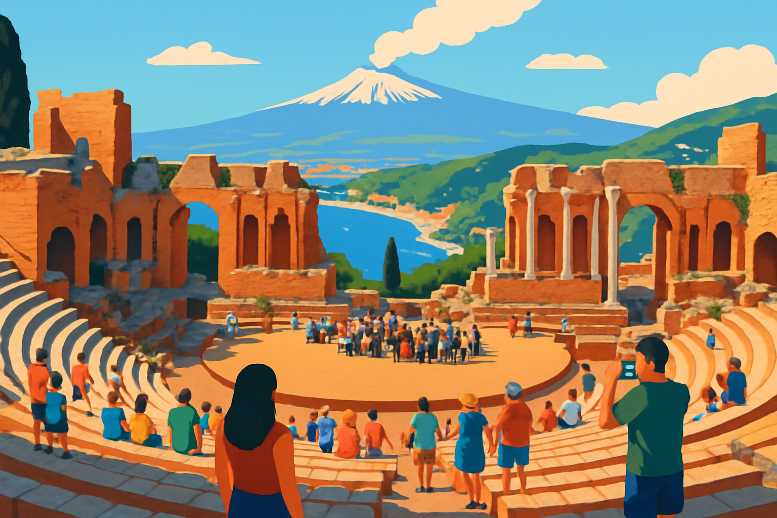 Le Théâtre antique de Taormine avec une vue panoramique sur la mer Ionienne et le mont Etna.
