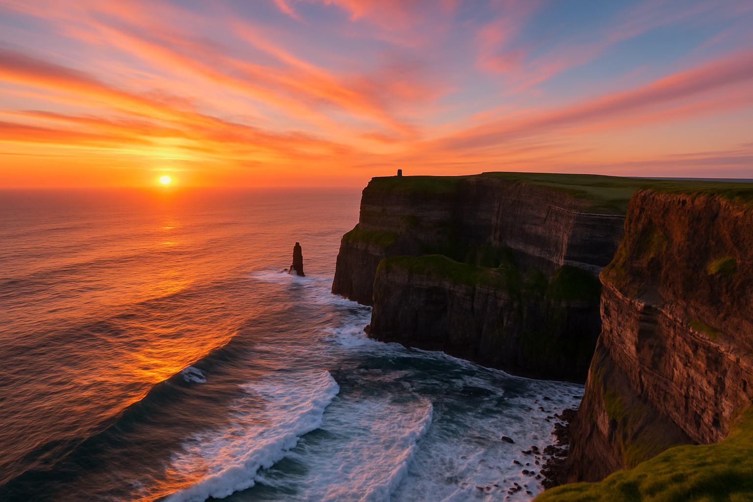 Les falaises de Moher au coucher du soleil, un des sites naturels les plus emblématiques d