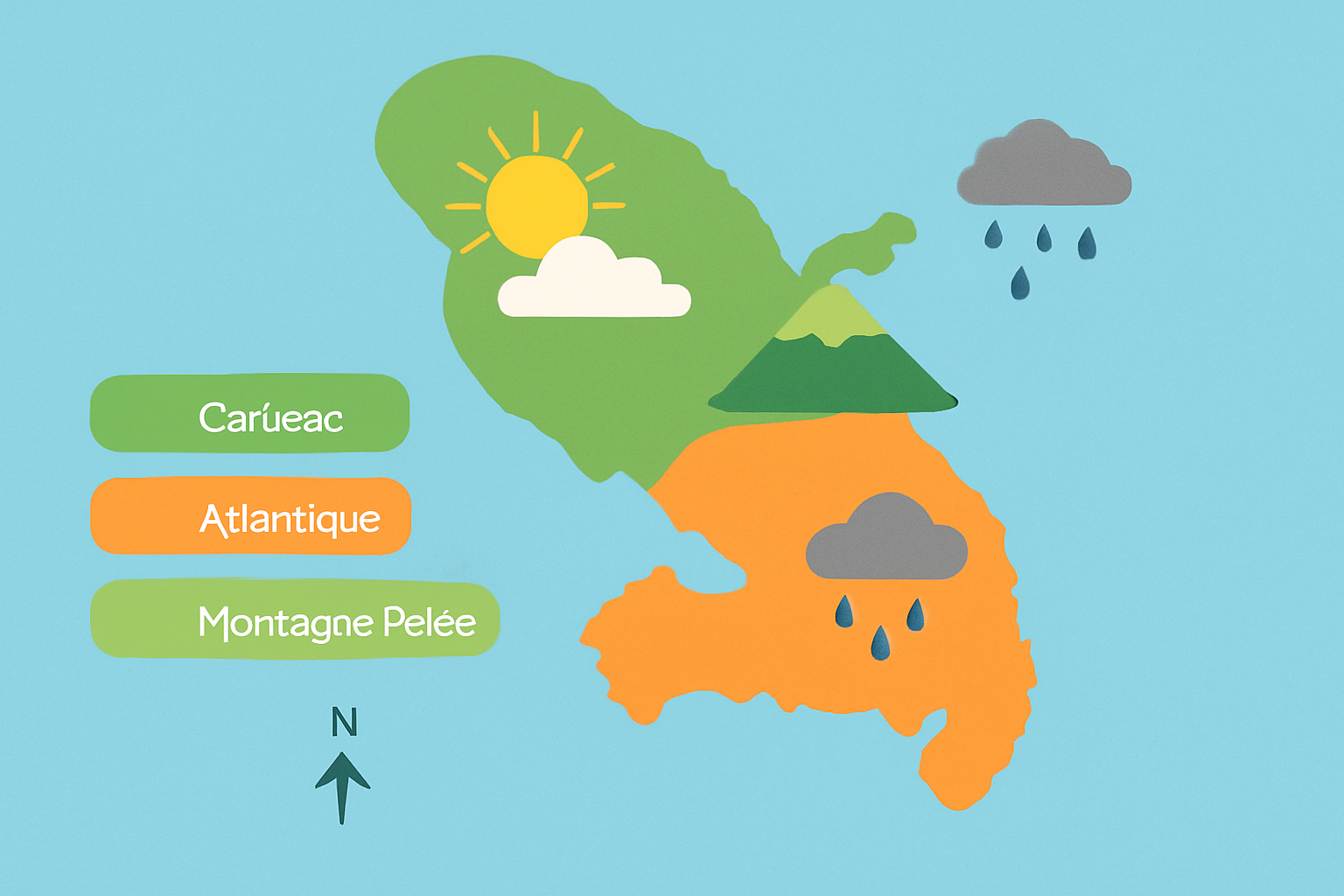 Carte illustrant les microclimats de la Martinique avec zones côtières et montagneuses.