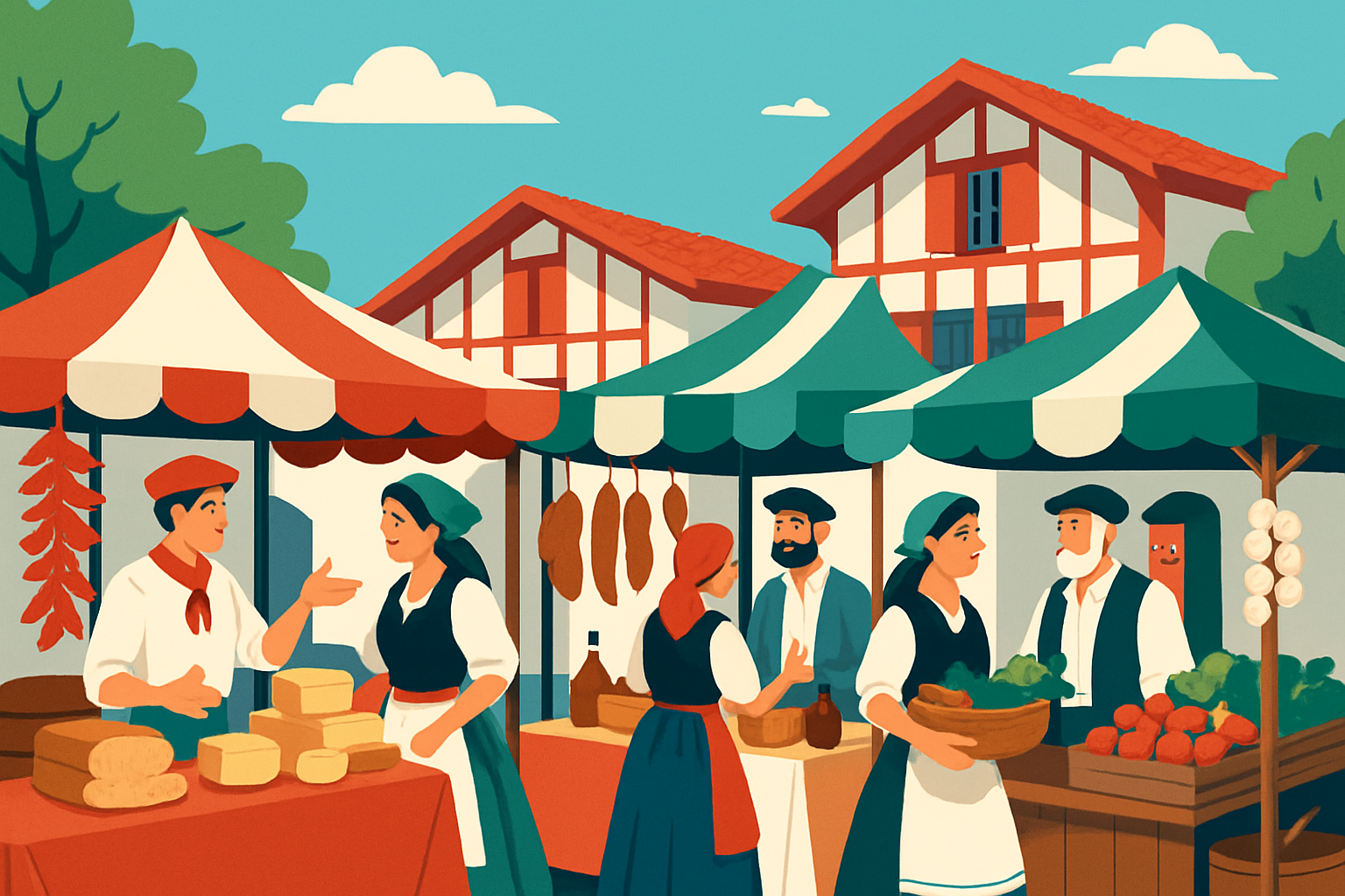 Marché traditionnel animé dans une ville basque, reflet des traditions locales authentiques