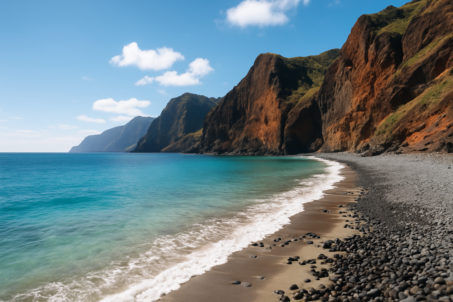 Plage cachée de Madère entourée de falaises volcaniques et eaux limpides.