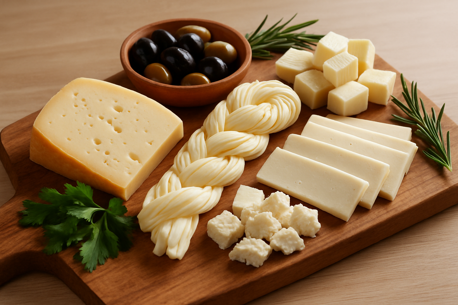 Sélection de fromages turcs traditionnels présentés sur une planche rustique avec herbes fraîches et olives
