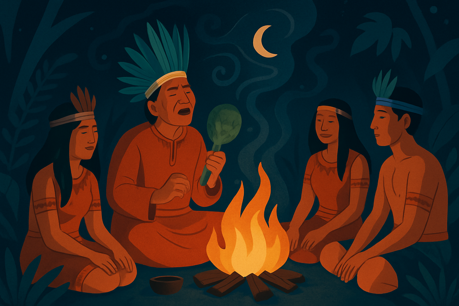 Représentation photographique ou illustrée d’une cérémonie ayawaska traditionnelle, mettant en valeur l’ambiance, les tenues et les éléments rituels