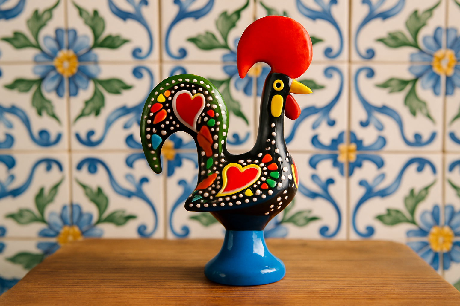 Statue en céramique colorée représentant traditionnellement le Coq du Portugal, symbole culturel vibrant et artisanal.