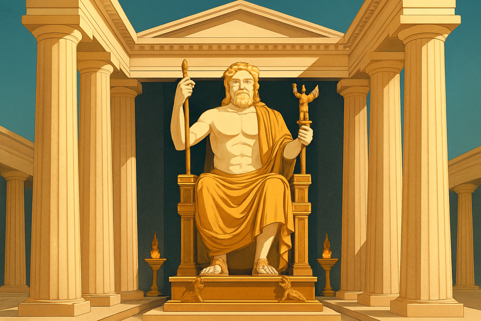 Illustration du Temple de Zeus à Olympie montrant ses colonnes et la statue chryséléphantine de Zeus.