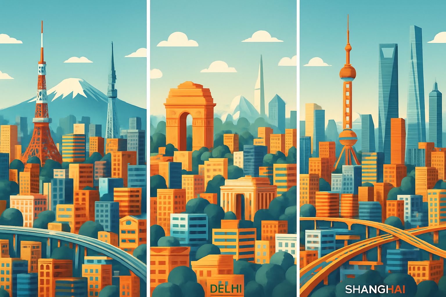 Panorama comparatif des métropoles de Tokyo, Delhi et Shanghai