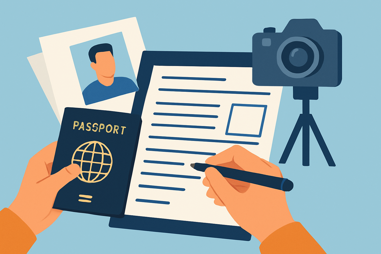 Remplissage du formulaire de demande de passeport américain avec documents nécessaires.
