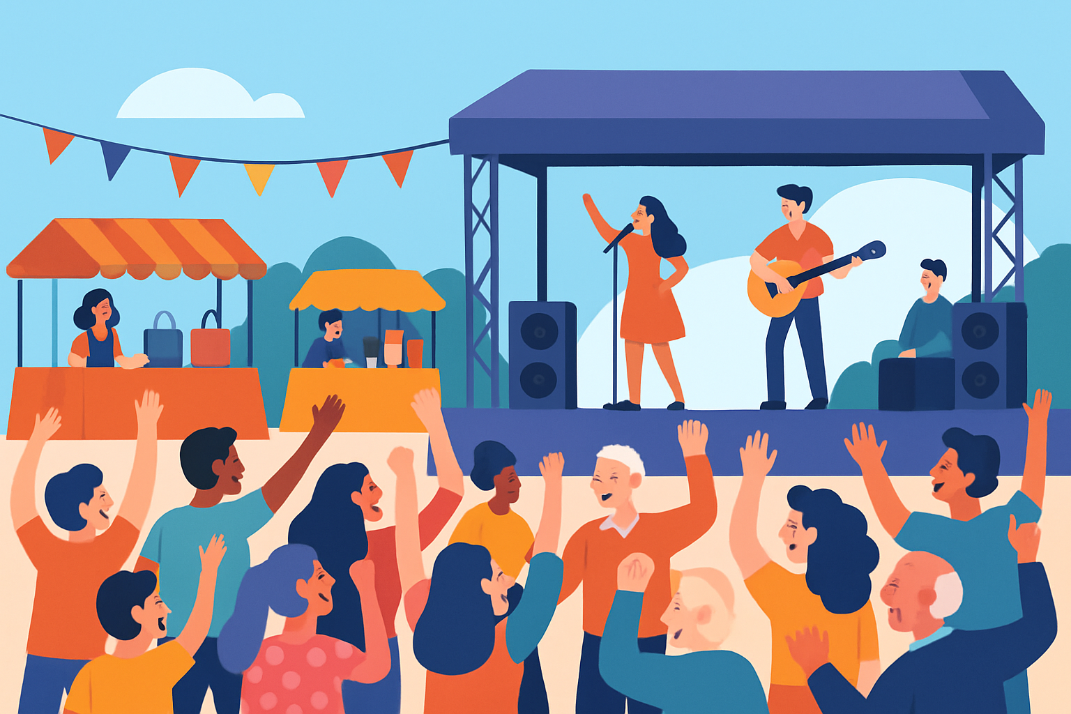Un grand événement public célébrant la fête des célibataires en France avec musique, stands et foule enthousiaste.