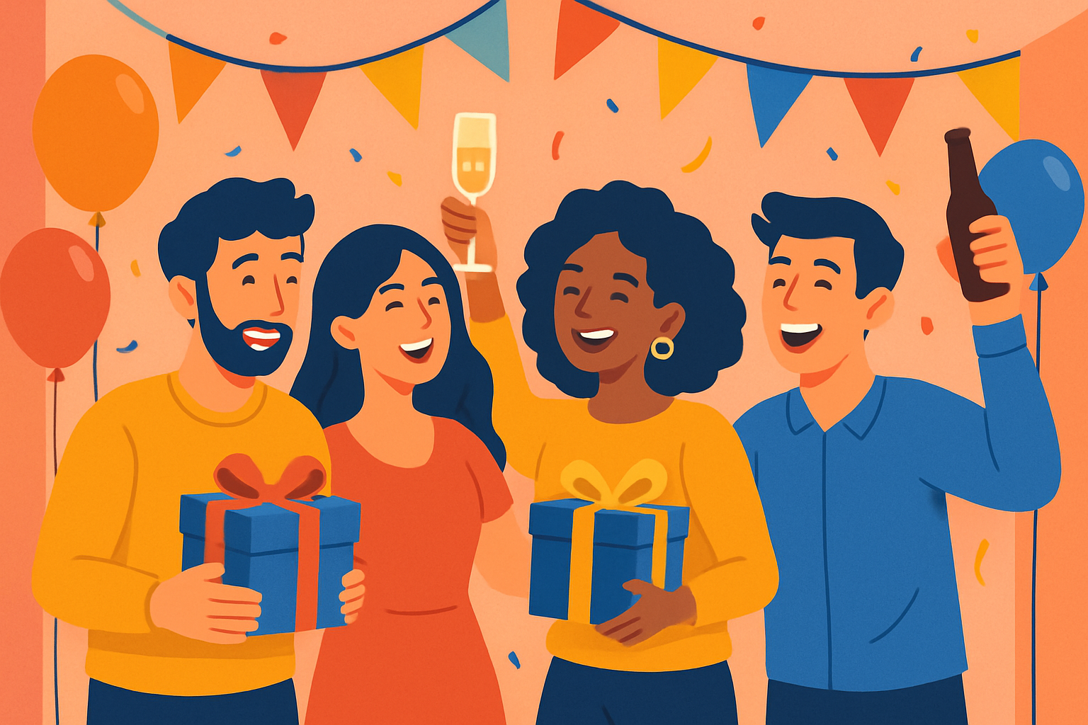 Une fête des célibataires en France rassemblant des amis autour de cadeaux, boissons et décorations festives.