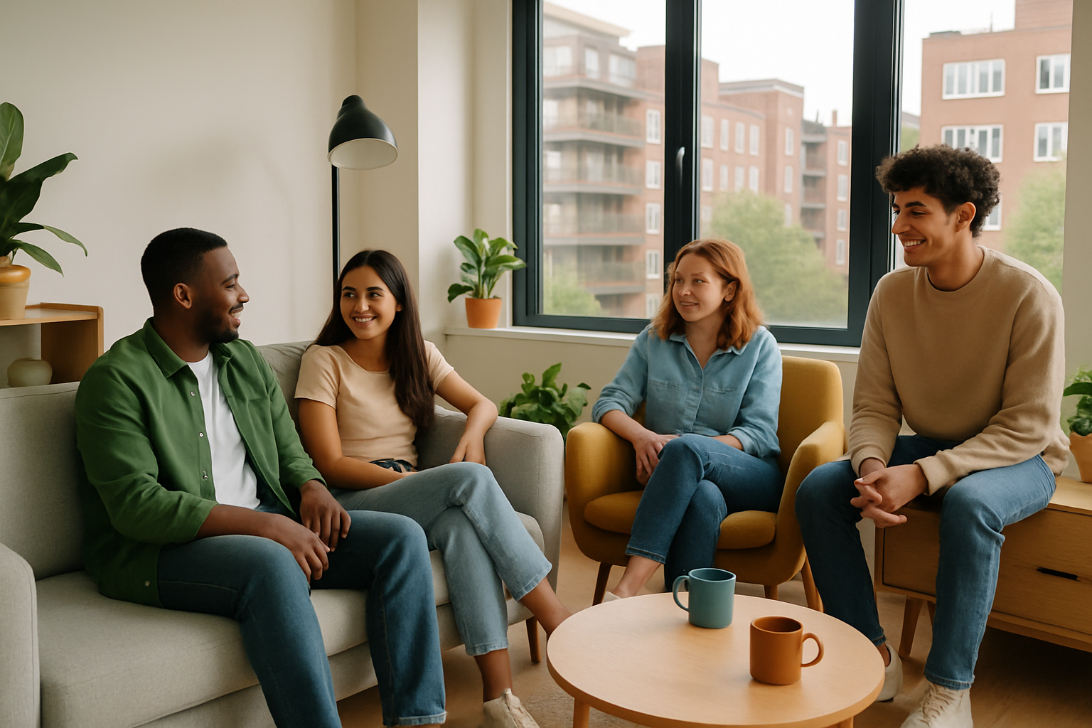 Un groupe de colocataires partageant un appartement à Londres dans une ambiance conviviale et moderne.
