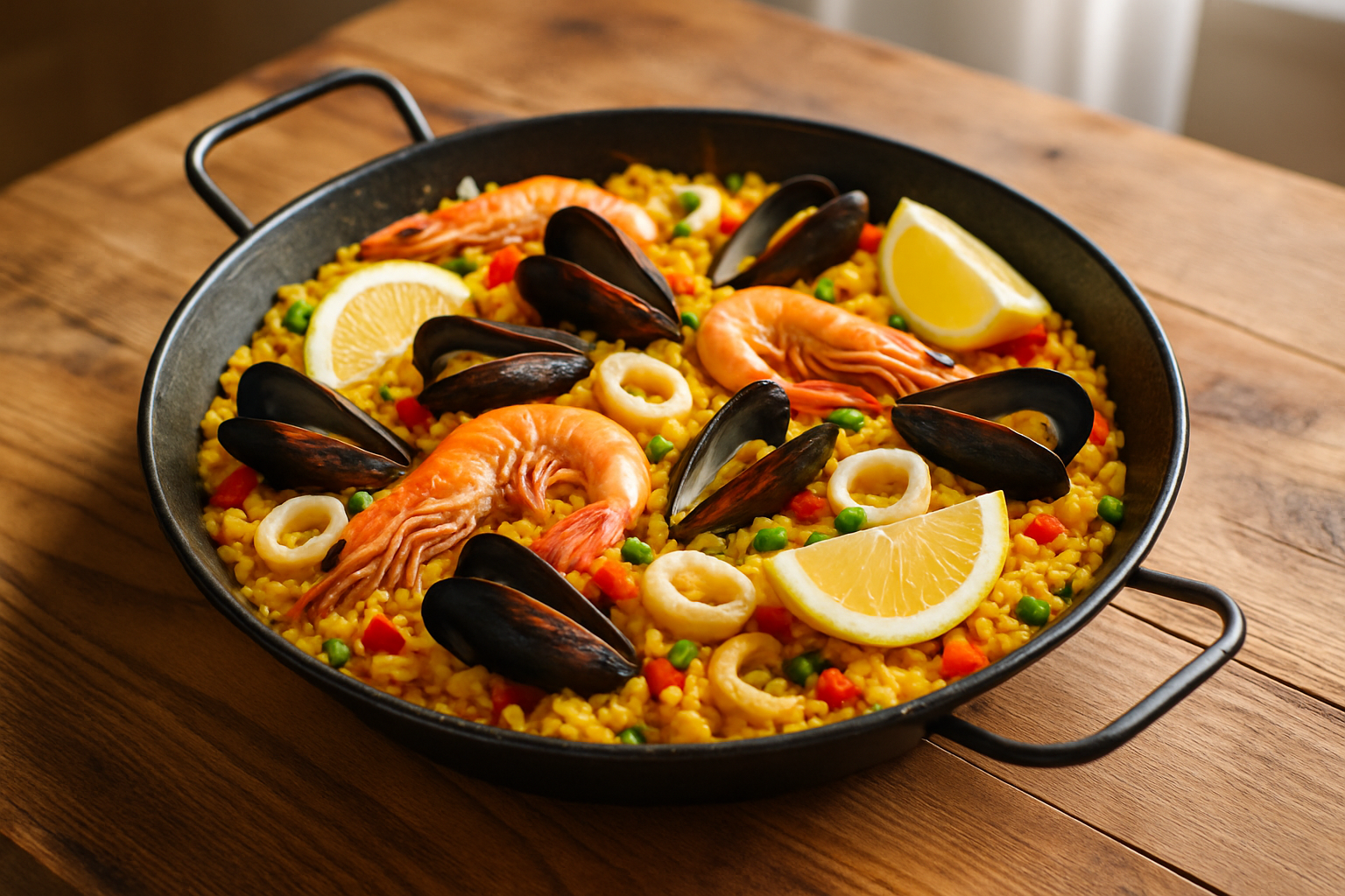 Paella fruit de mer prête à être servie dans une poêle traditionnelle, colorée et appétissante