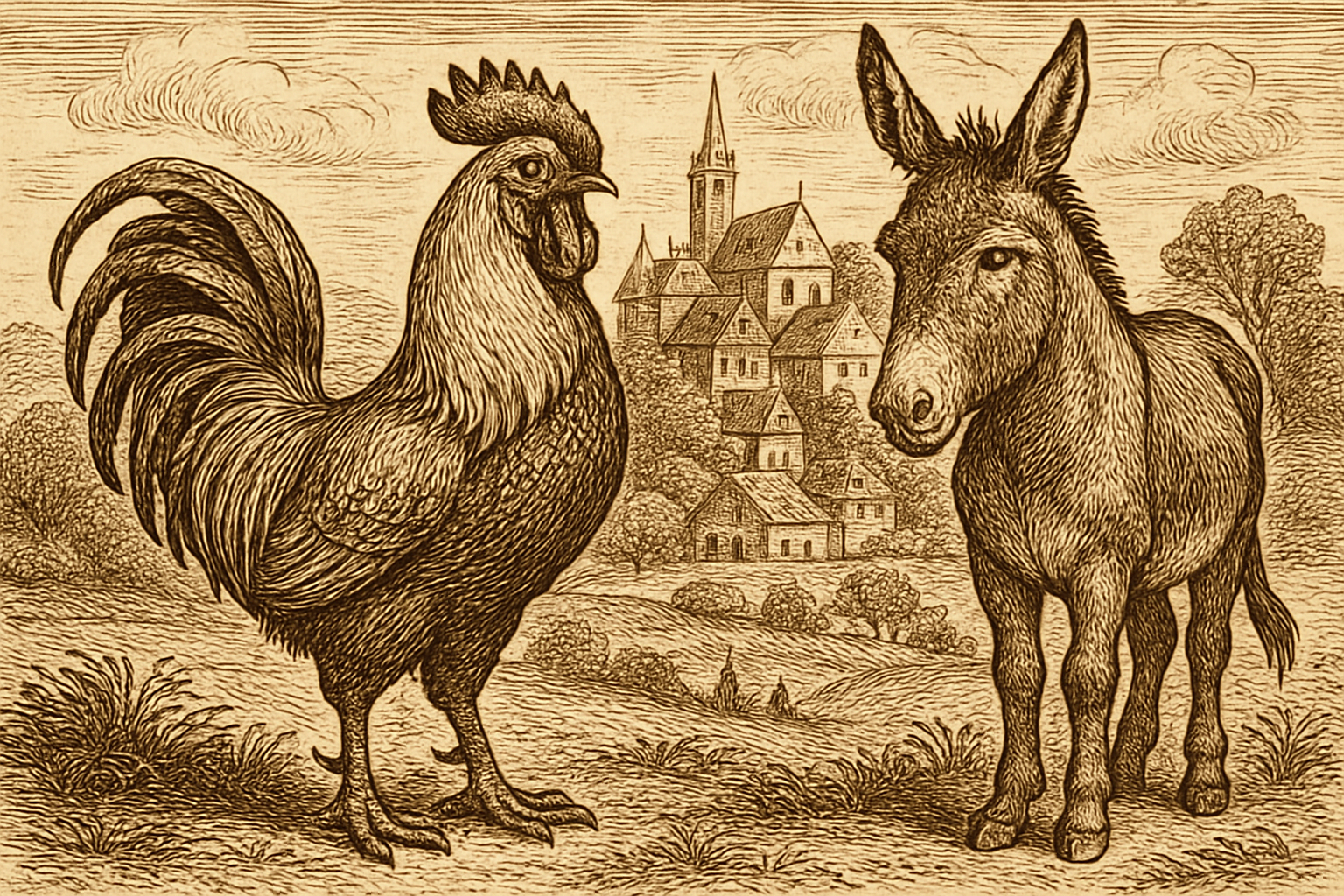Illustration ancienne représentant un coq et un âne, pour accompagner la partie sur l