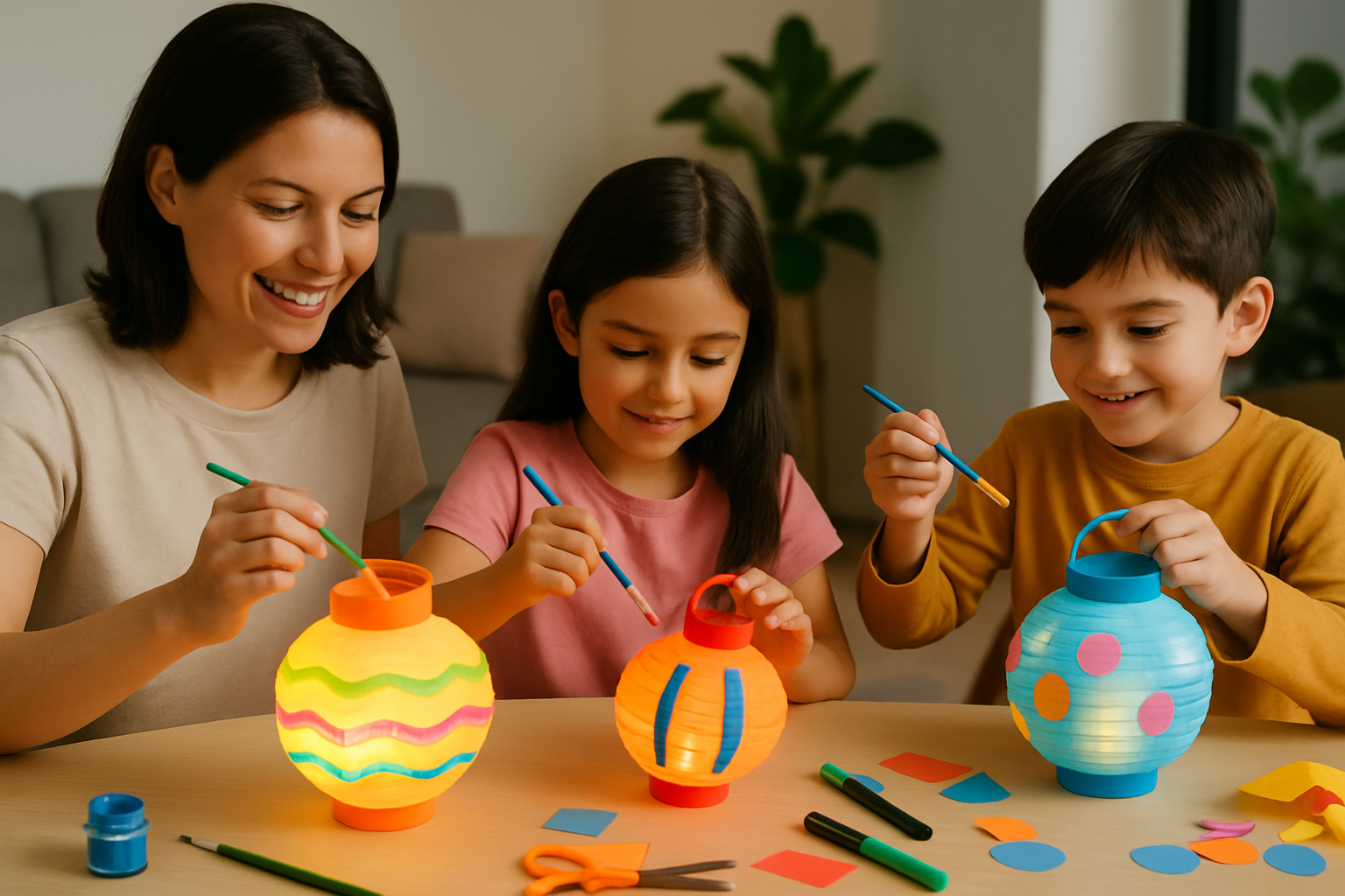 Famille en train de fabriquer et décorer des lanternes en papier coloré avec des bougies LED sécurisées.