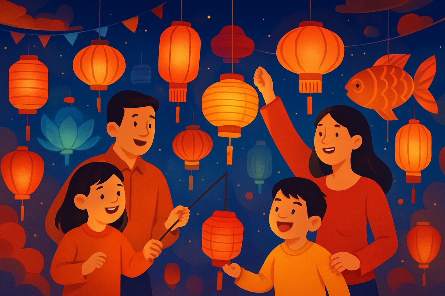 Scène festive nocturne lors de la fête des lanternes avec des lanternes colorées éclairant des familles réunies.