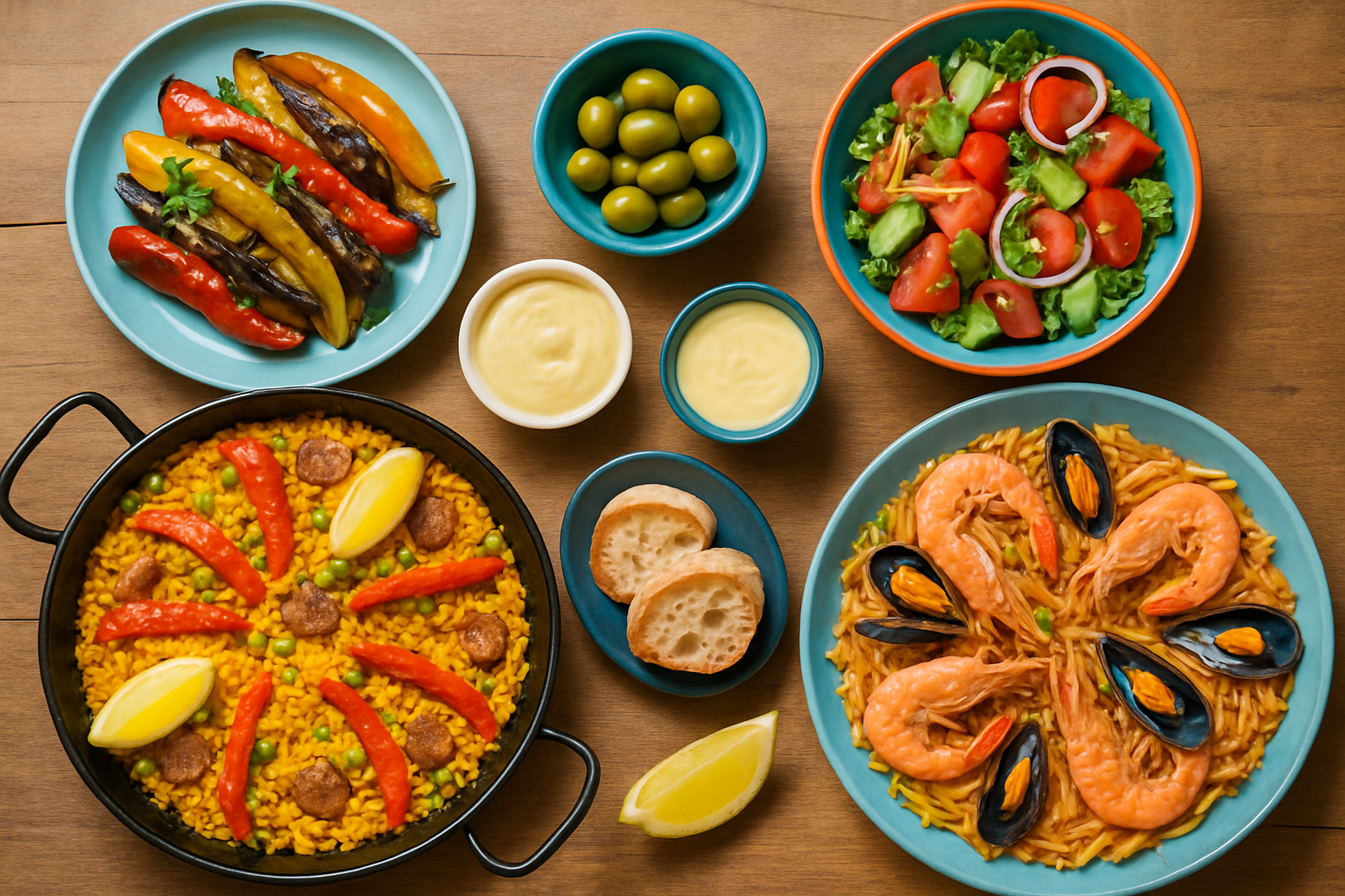 Représentation visuelle des spécialités méditerranéennes : paella valenciana, escalivada et fideuà