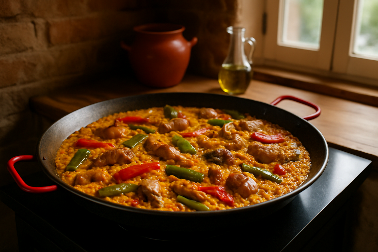 Paella valenciana en cours de cuisson dans une large poêle traditionnelle avec les couleurs vives du riz et des ingrédients