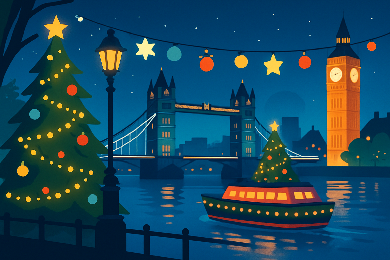 Balade nocturne en bateau sur la Tamise, illuminée aux couleurs de Noël