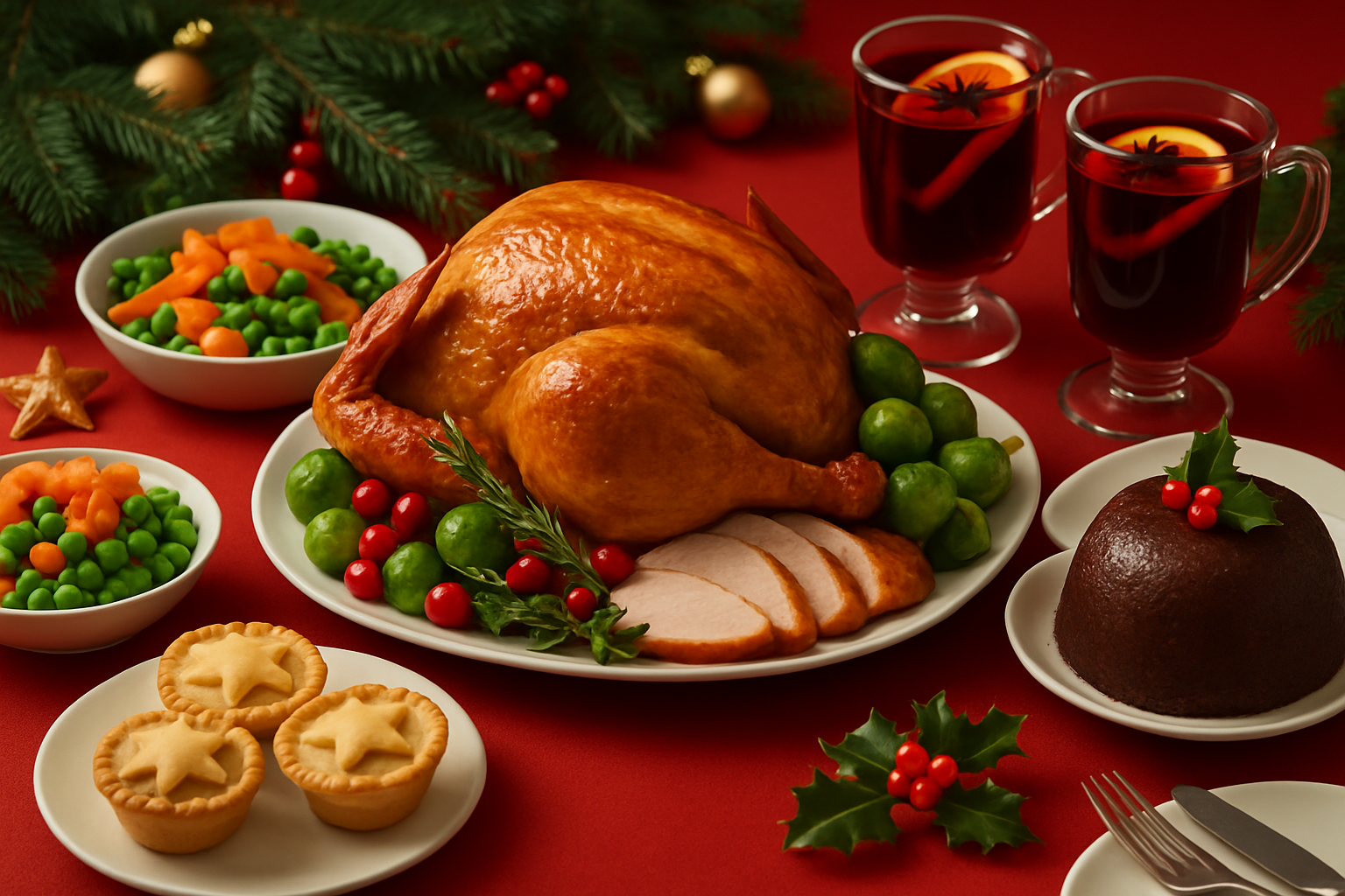 Un dîner traditionnel de Noël britannique avec plats typiques et décorations festives