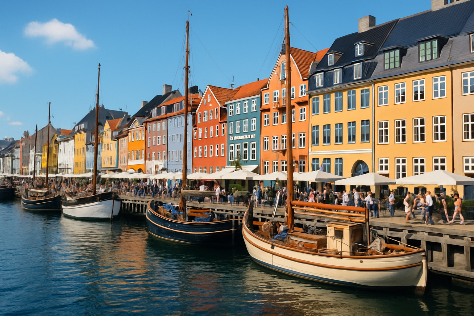 Vue emblématique de Nyhavn avec ses maisons colorées et ses bateaux traditionnels