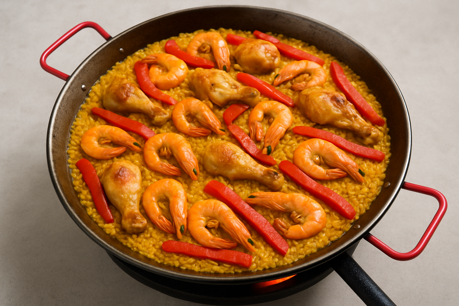 Paella du sud en pleine cuisson avec ses ingrédients colorés et la poêle traditionnelle posée sur un brûleur extérieur