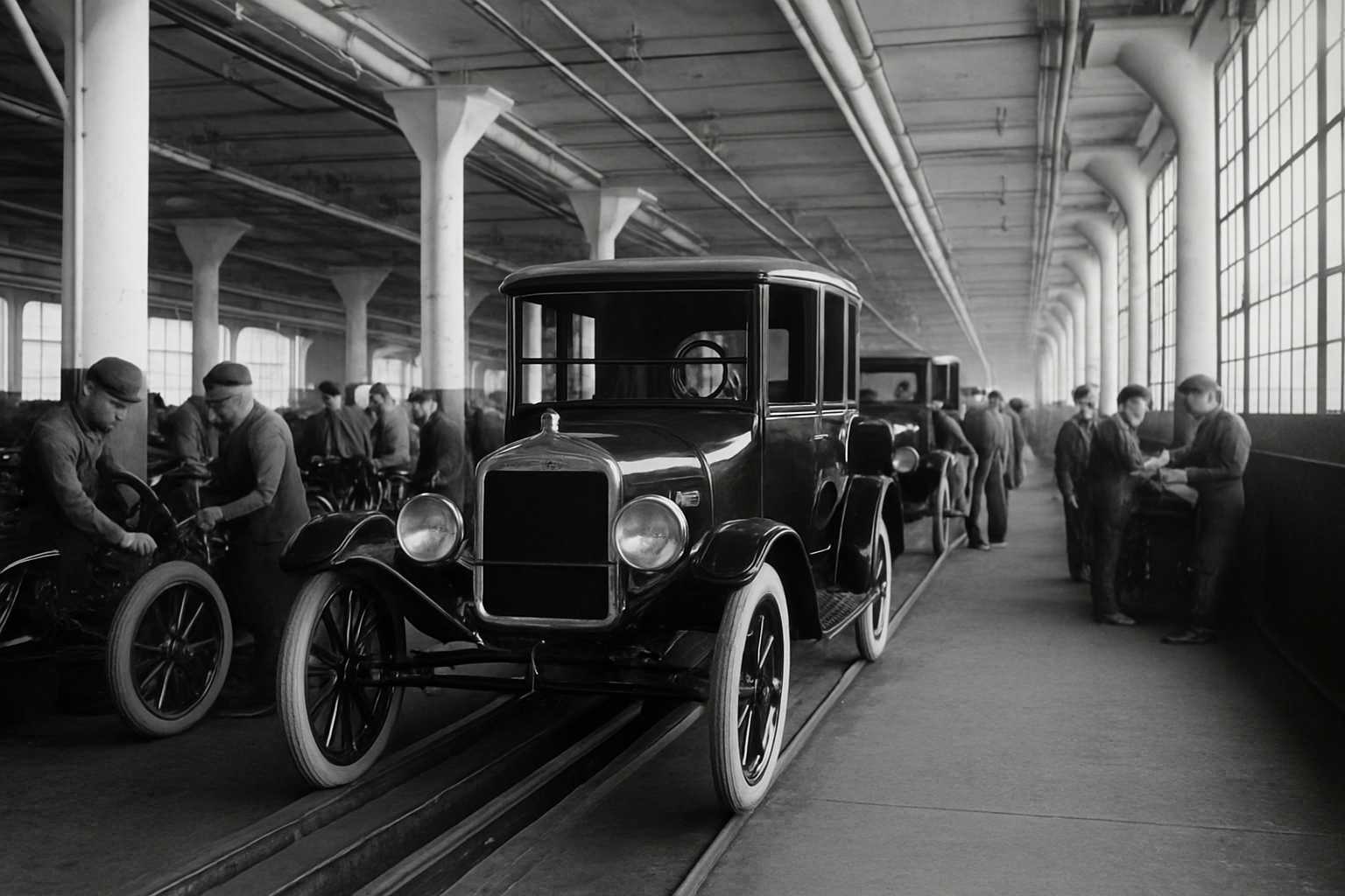 Photo historique de la Ford Model T sur une chaîne de montage dans une usine du début du XXe siècle.