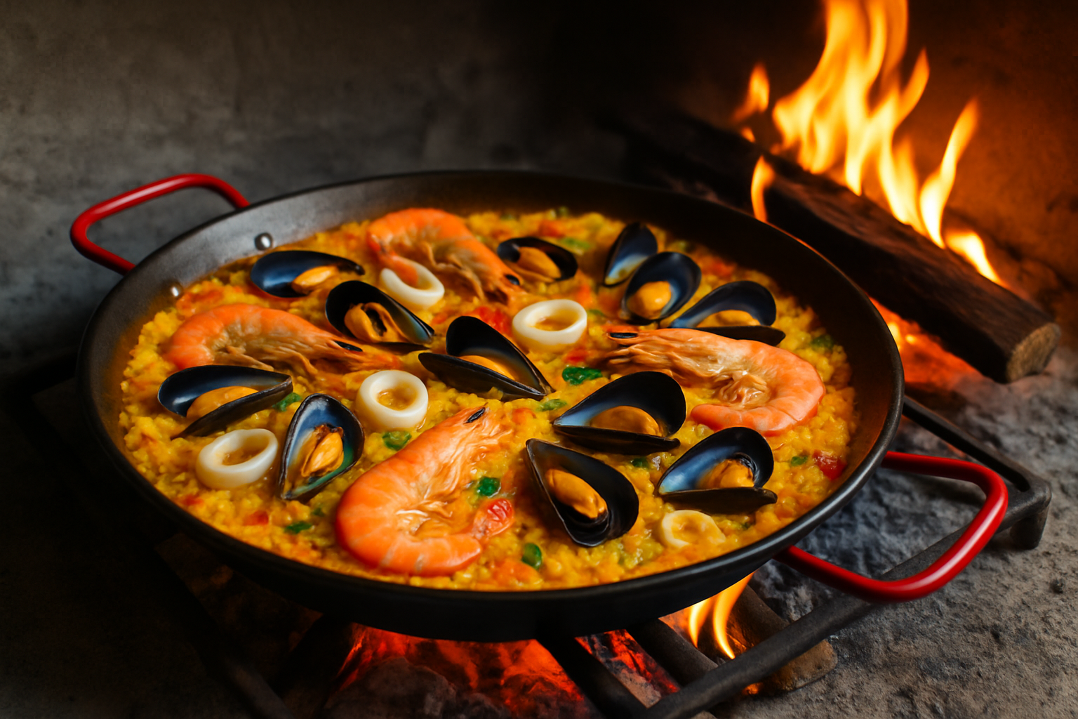 Paella aux fruits de mer en cuisson traditionnelle avec feu de bois, mettant en valeur les couleurs éclatantes et la texture du riz.